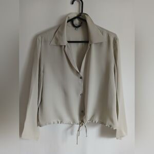 Anne Klein Beige 100% Silk Semi Sheer Blouse Button Front SZ12 Drawstring Waist